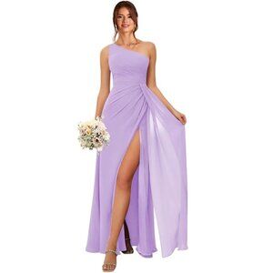 Amidin One Shoulder Lilac Chiffon A Line Ruched Formal Bridesmaid Dress Size 12